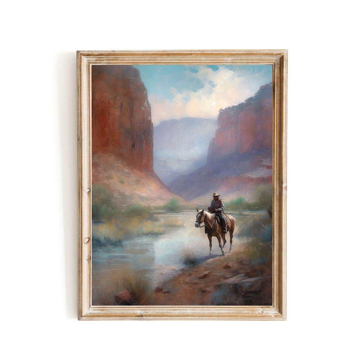 Vintage Wild West Wall Art Lone Rider and Horse Crossing Shallow River between Red Canyons - Everything Pixel