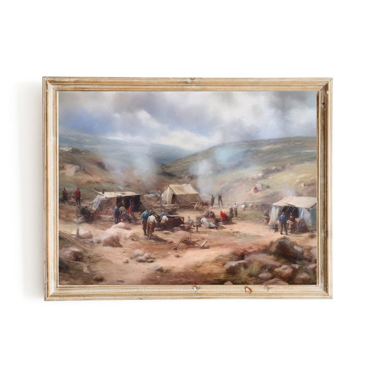 Vintage Wild West Wall Art Small Settler Camp in the Frontier, Pioneer