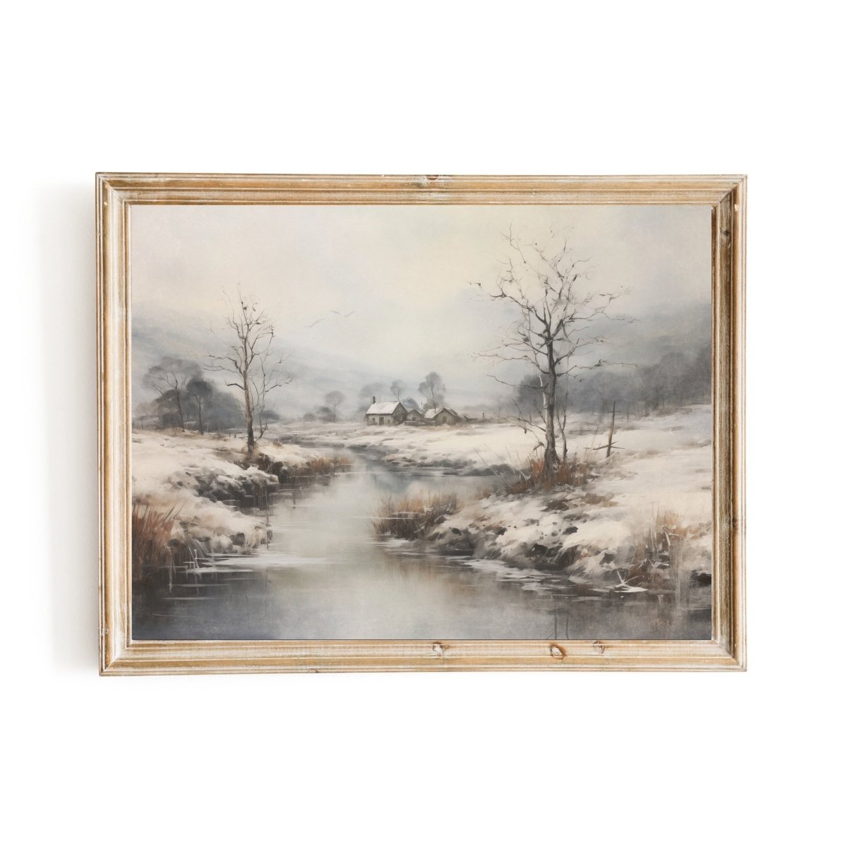 Vintage Winter Landscape Wall Art Snowy Winter Landscape Painting Charming Christmas Scene Muted Seasonal Artwork First Snow Farm Paper Poster Print - Everything Pixel