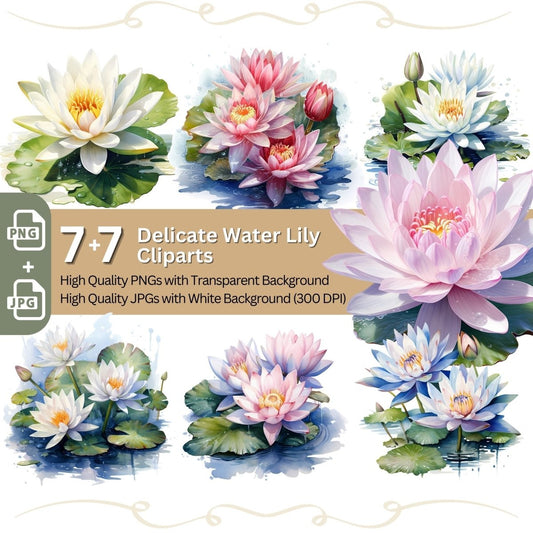 Water Lily 7+7 PNG Clip Art Bundle Floral Pond Lily - Everything Pixel