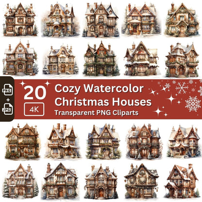 Watercolor Christmas Houses Clipart 20 PNG Bundle Seasonal Watercolor Images Cottagecore Clipart Christmas Cottage Cozy Winter Holidays - Everything Pixel