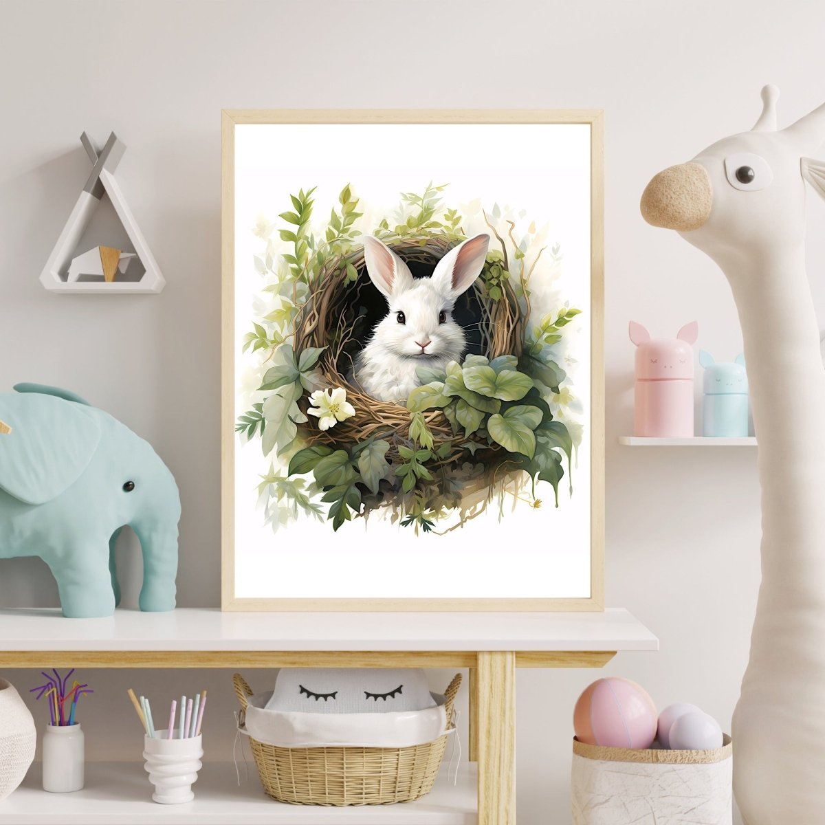 White Bunny in Nest - Watercolor Nursery Wall Art - Everything Pixel
