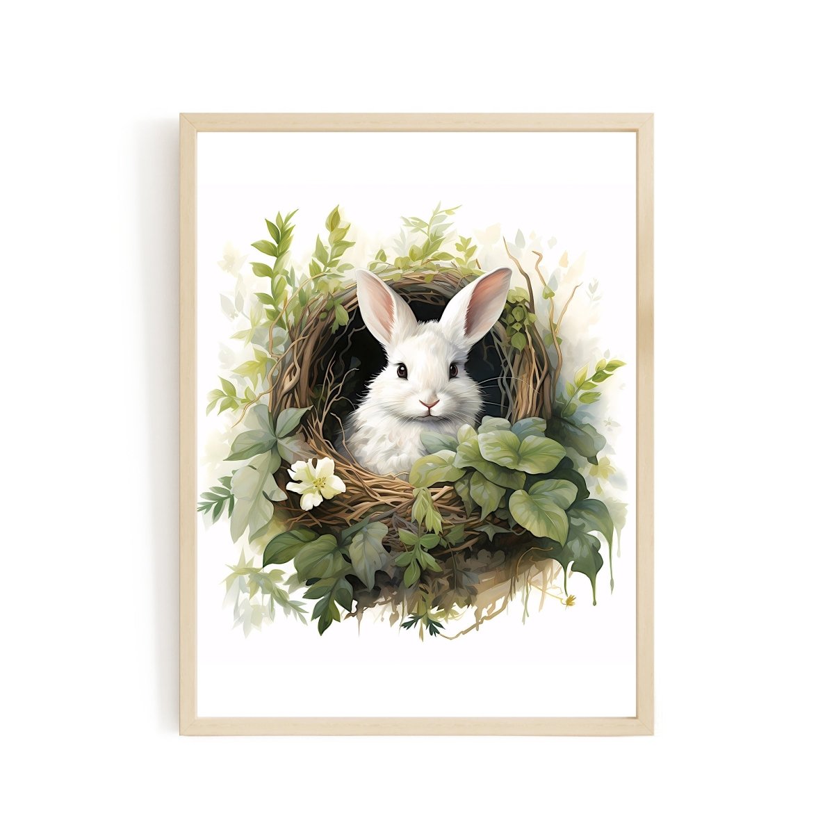 White Bunny in Nest - Watercolor Nursery Wall Art - Everything Pixel