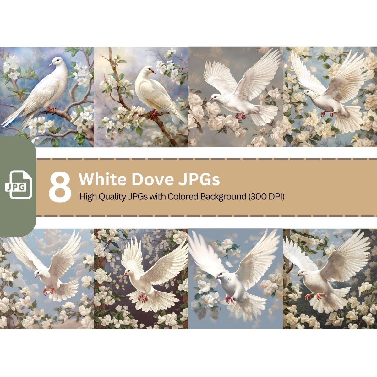 White Dove Watercolor 8x JPG Clip Art Bundle - Everything Pixel