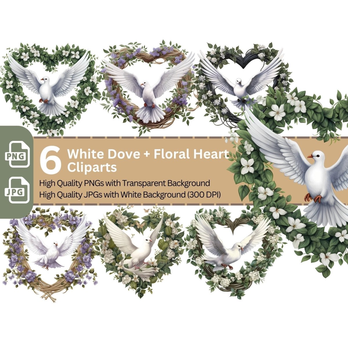 White Dove with Floral Heart 6+6 PNG Clip Art - Everything Pixel