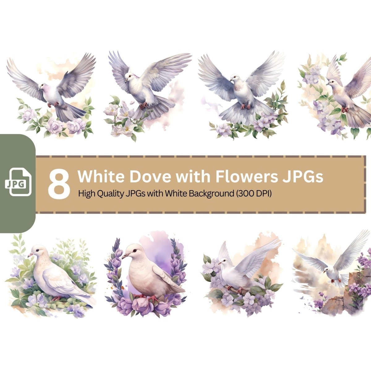 White Dove with Flowers Watercolor Clipart 8 High Quality JPG Bird Sublimation Clipart - Everything Pixel