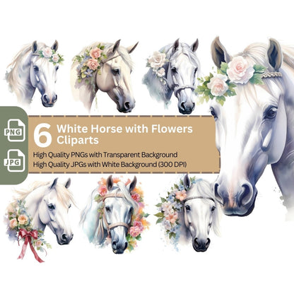 White Horse with Flowers Cliparts 6+6 High Quality PNG Animal Clipart - Everything Pixel