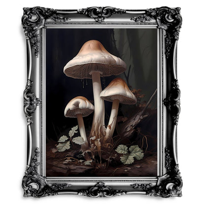 White Mushrooms Dark Woodland Dark Cottagecore Floral - Paper Poster Print - Everything Pixel