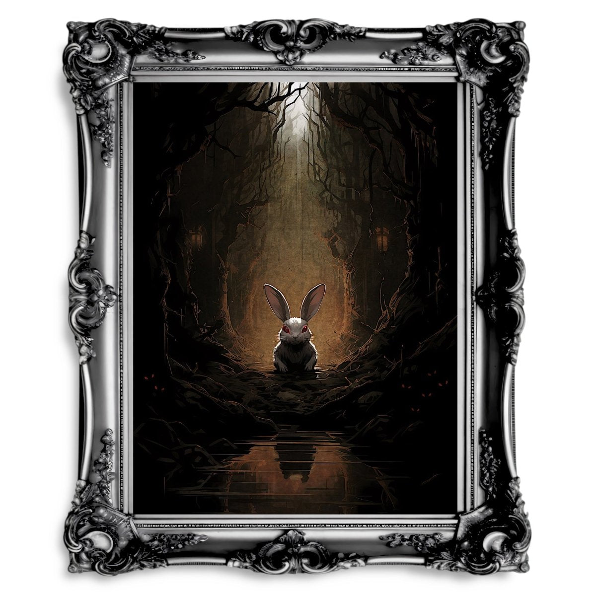 White Rabbit Haunted Woodland Dark Spooky Decor Creepy Goth Wall Art - Paper Poster Print - Everything Pixel