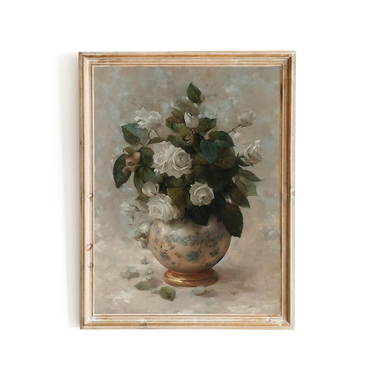 White roses in copper vase still life painting vintage oil painting - Everything Pixel