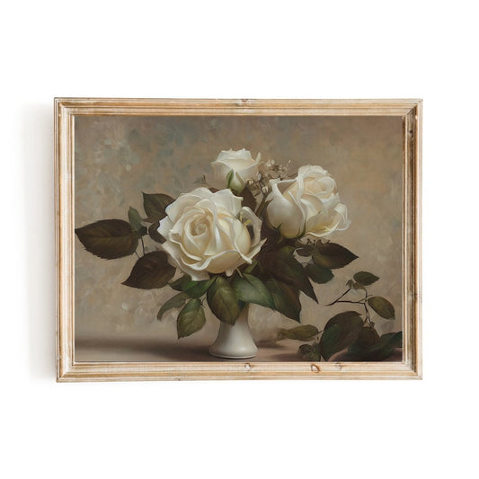 White Roses in vase still life vintage art oil painting - Everything Pixel