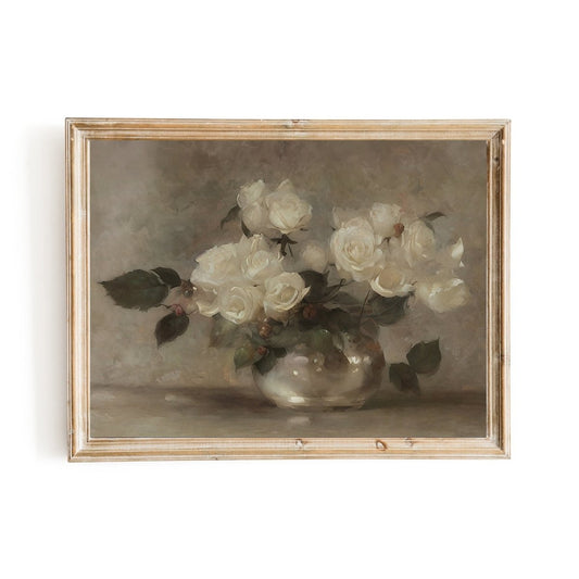 White Roses in Vase Vintage Oil Painting Floral Artwork Cottagecore - Everything Pixel