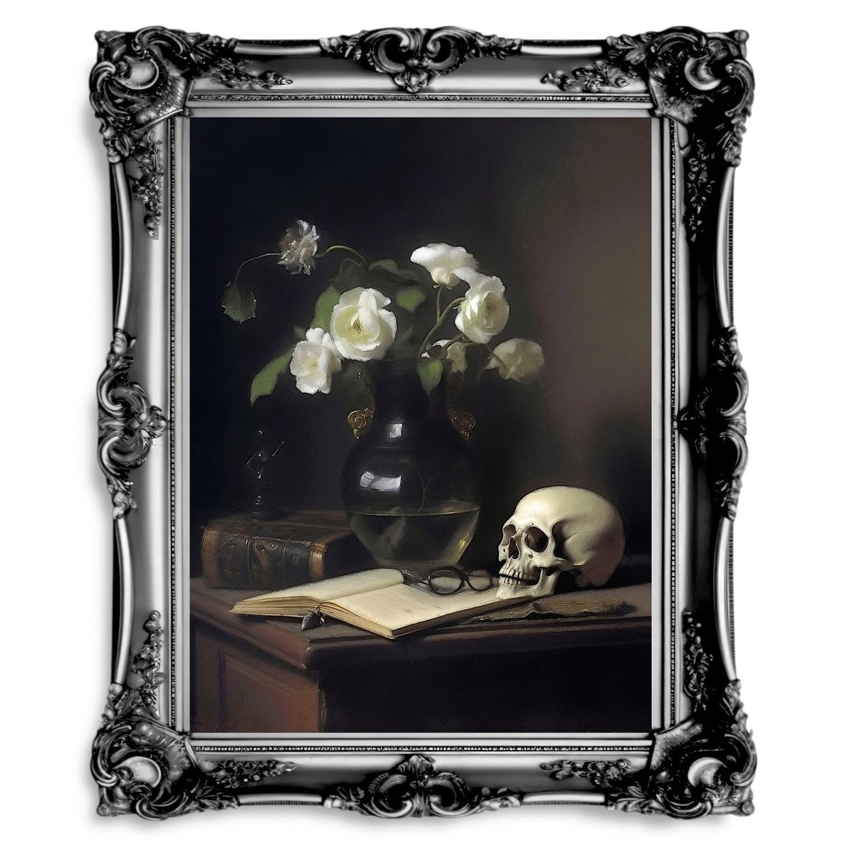 White Roses & Skull Dark Academia Wall Art Gothic Floral Goblincore Cottagecore Decor - Everything Pixel