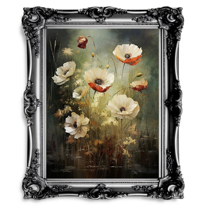 White Wild Flower Dark Cottagecore Artwork Fairycore Botanical Poppy - Paper Poster Print - Everything Pixel
