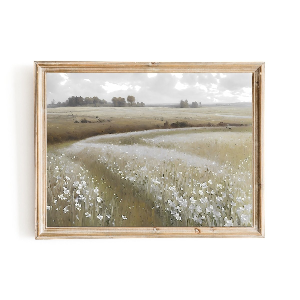 White wildflower meadow painting vintage oil painting farmhouse decor spring landscape - Everything Pixel