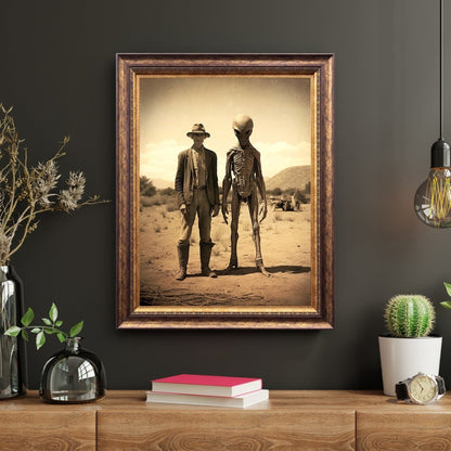 Wild West Alien Wall Art Vintage Photography Extraterrestrial Decor Spooky Poster Dark Cottagecore Dark Academia Ufo Print Paper Poster Print - Everything Pixel