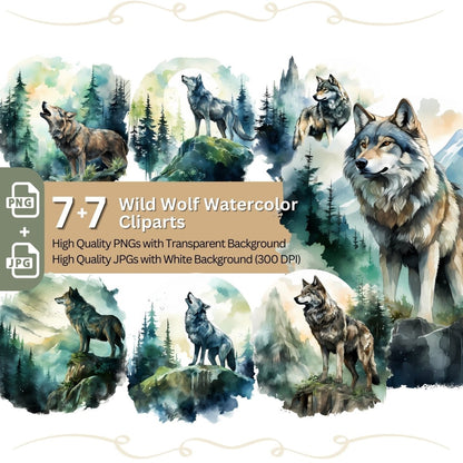 Wild Wolf Clipart 7+7 PNG Bundle Watercolor Artwork - Everything Pixel
