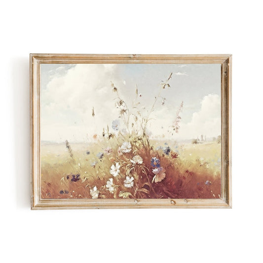 Wildflower Meadow blooming flowers Vintage Oil Painting in Neutral Tones - Everything Pixel