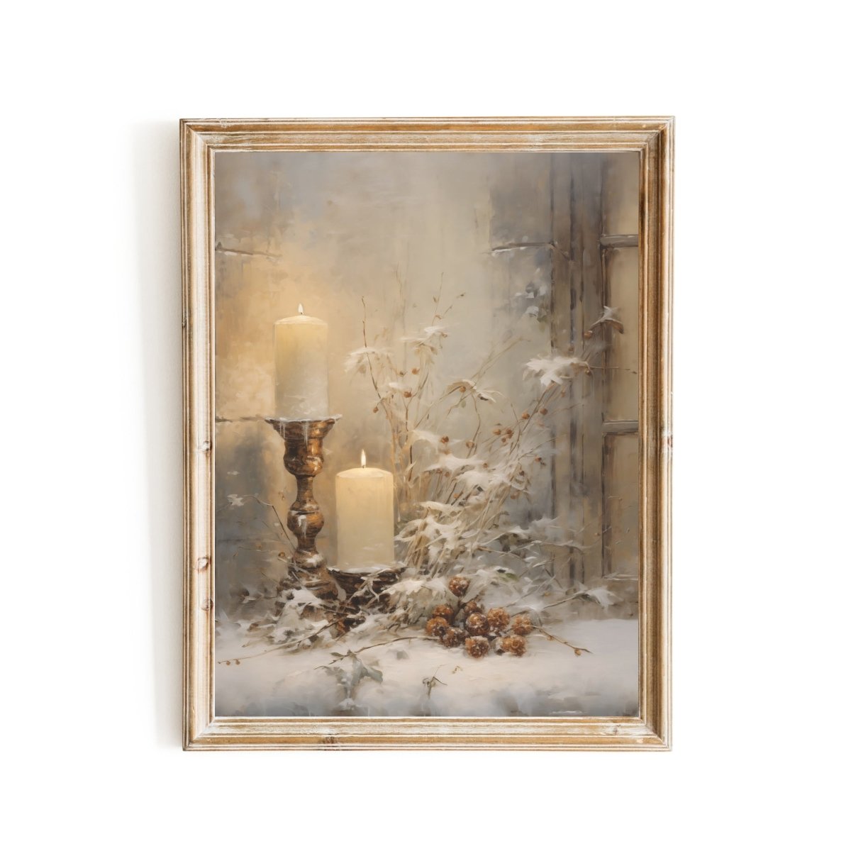 Winter Candles Wall Art Vintage Christmas Still Life Artwork Muted Winter Print Seasonal Cottagecore Decor Farmhouse Holiday Art Paper Poster Print - Everything Pixel