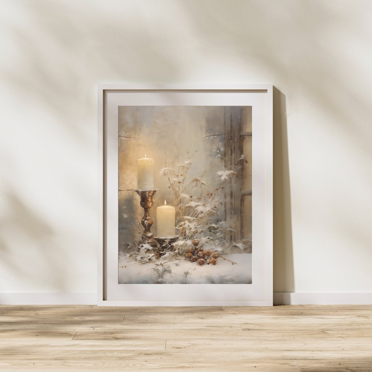 Winter Candles Wall Art Vintage Christmas Still Life Artwork Muted Winter Print Seasonal Cottagecore Decor Farmhouse Holiday Art Paper Poster Print - Everything Pixel