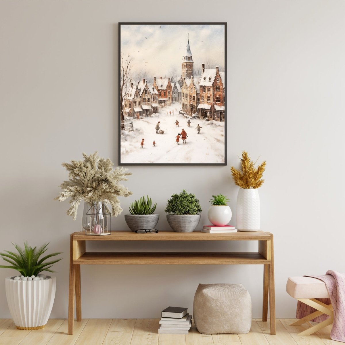 Winter Village Wall Art Vintage Winter Landscape Snowy Town Christmas Village Scene Classice Seasonal Print Antique Painting Paper Poster Print - Everything Pixel