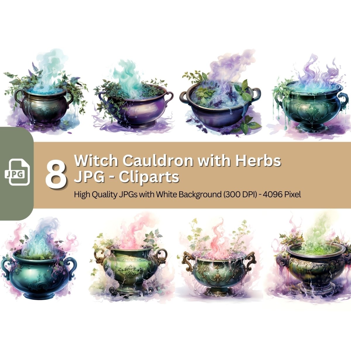 Witch Cauldron 8x JPG Clip Art Bundle Magic Fantasy Elixir Magical Herbs - Everything Pixel