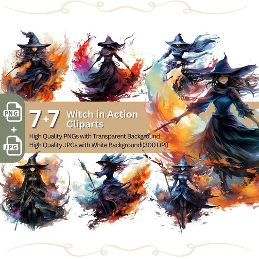 Witch in Action Clipart 7+7 PNG Bundle Magic Fantasy Artwork Fire Witch - Everything Pixel