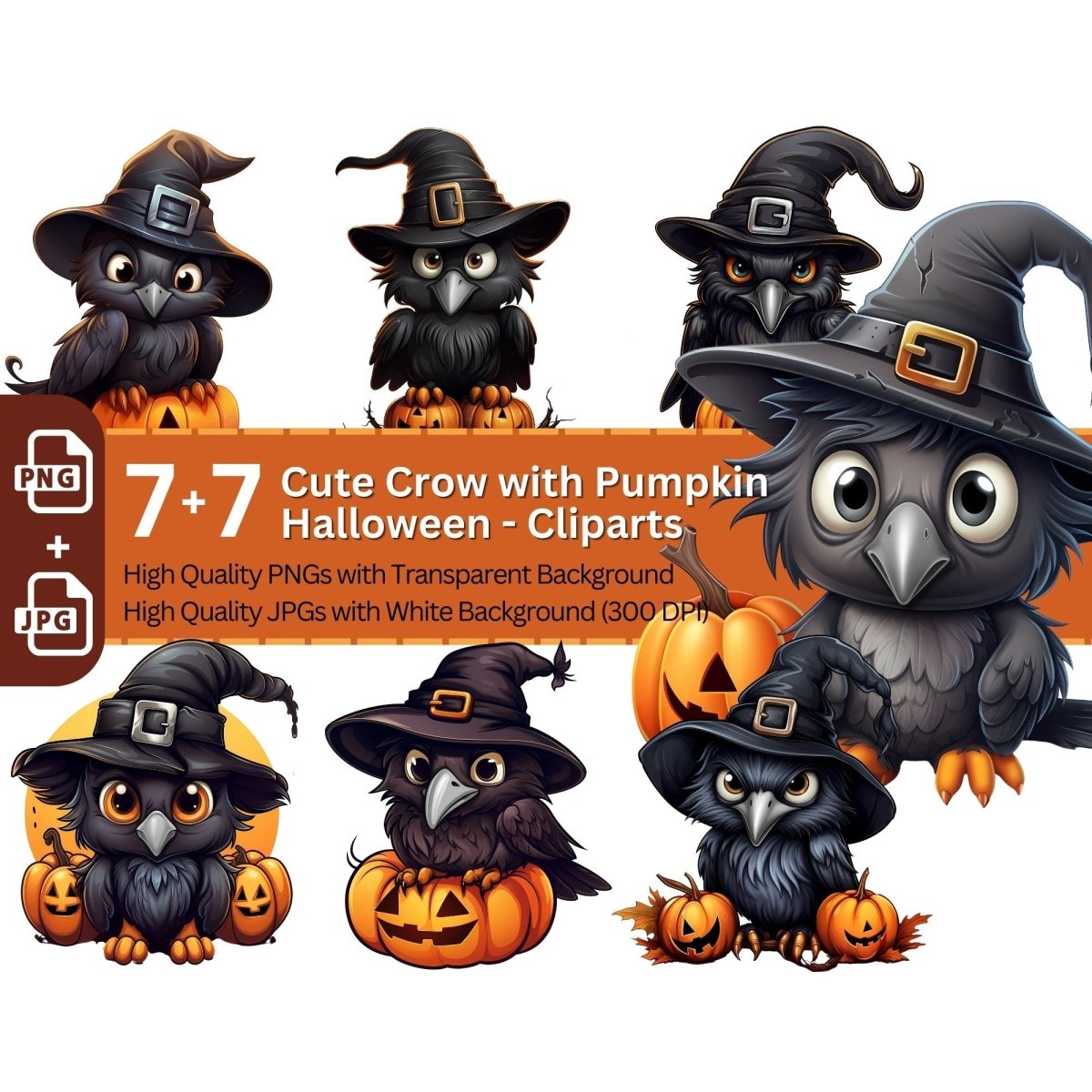 Witchy Halloween Crow 7+7 PNG Clip Art Bundle - Everything Pixel