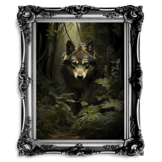 Wolf in Moody Woodland Dark Cottagecore Vintage Dark Academia Painting - Paper Poster Print - Everything Pixel