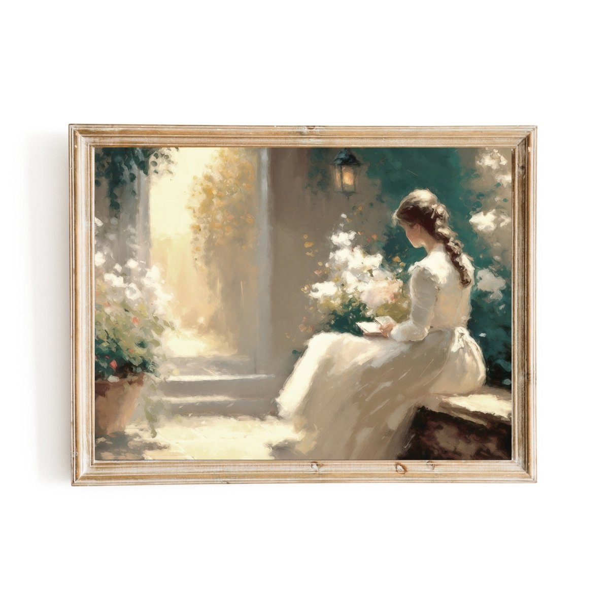 Woman Reading, Vintage Oil Painting of Woman in White Dress Amid Flowers - Everything Pixel