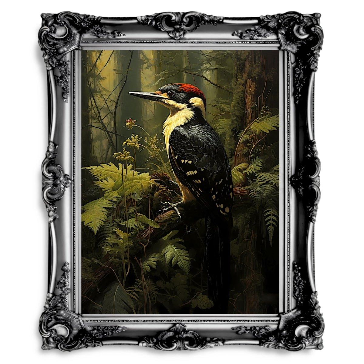 Woodpecker in Moody Forest Dark Cottagecore Vintage Dark Academia Painting - Paper Poster Print - Everything Pixel
