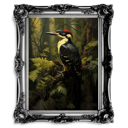 Woodpecker in Moody Forest Dark Cottagecore Vintage Dark Academia Painting - Paper Poster Print - Everything Pixel