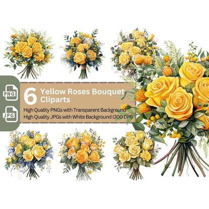 Yellow Rose Bouquet 6+6 PNG Bundle for Sublimation Clipart - Everything Pixel