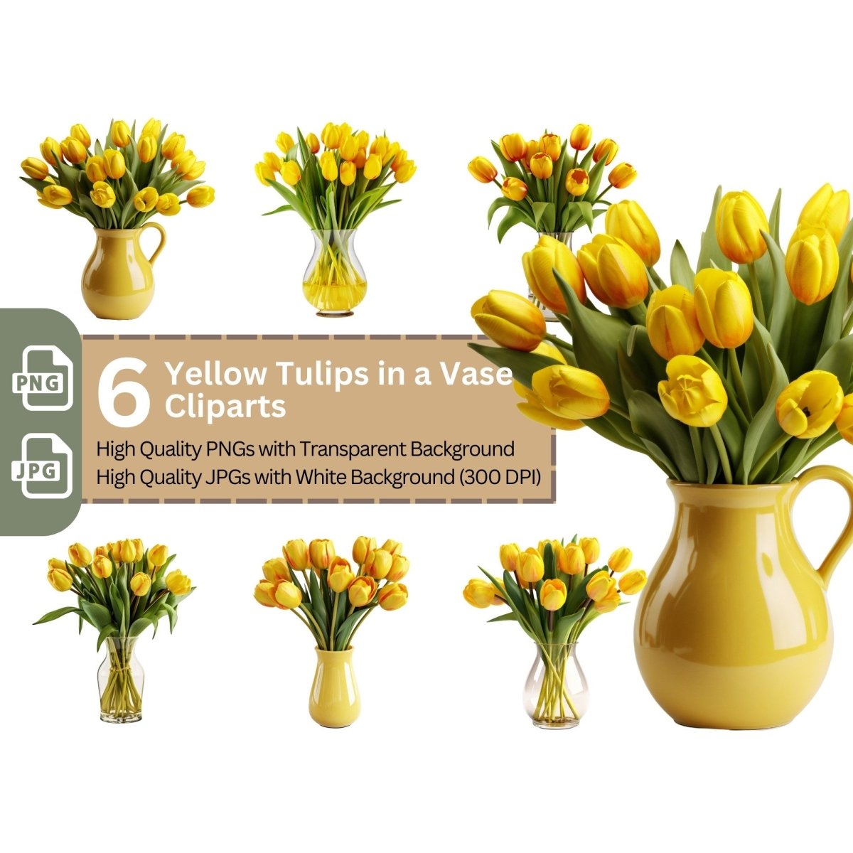 Yellow Tulips in Vase 6+6 PNG Clipart Bundle, Transparent Background, Photorealistic - Everything Pixel
