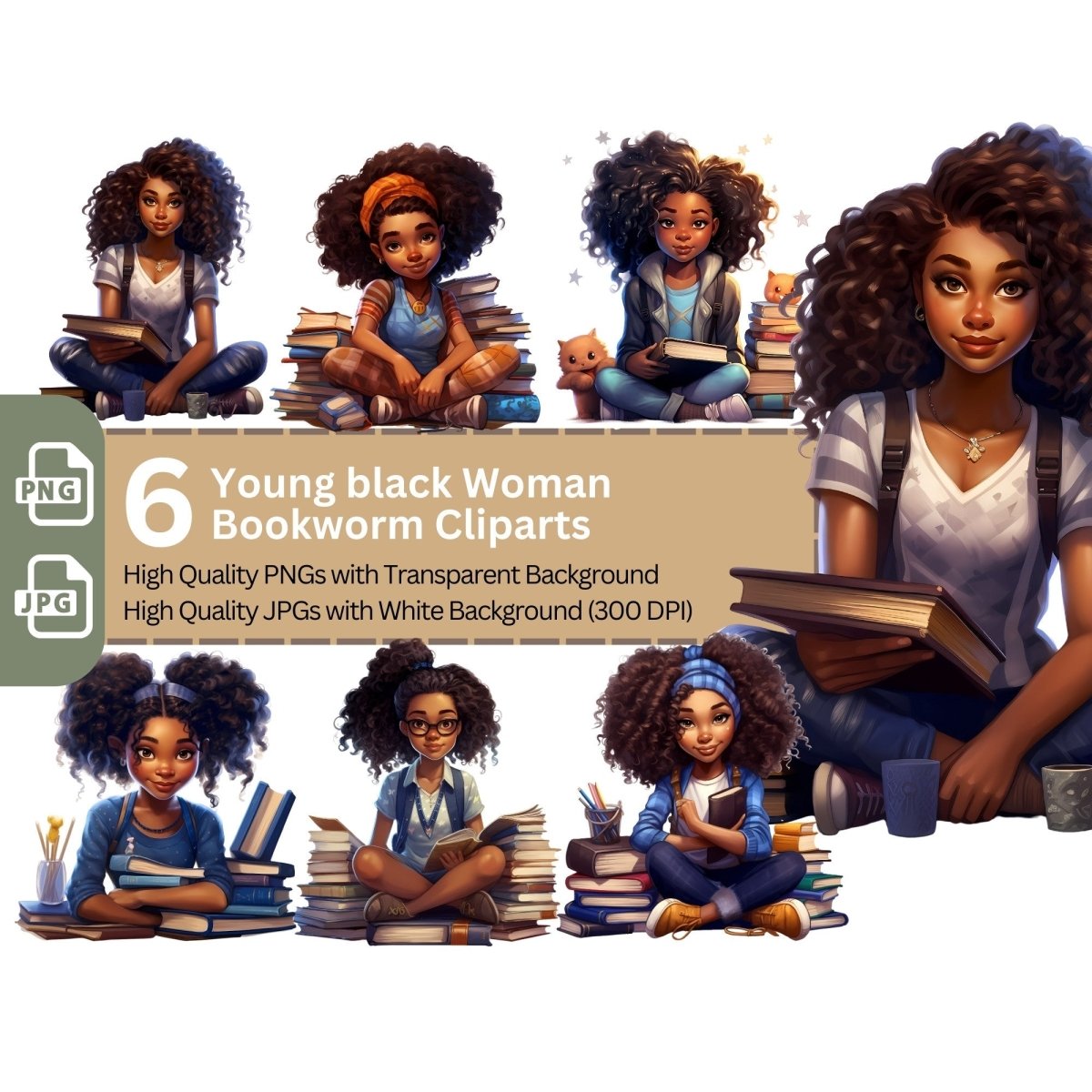 Young Black Woman Bookworm 6+6 PNG Clip Art Bundle for Book Lovers - Everything Pixel