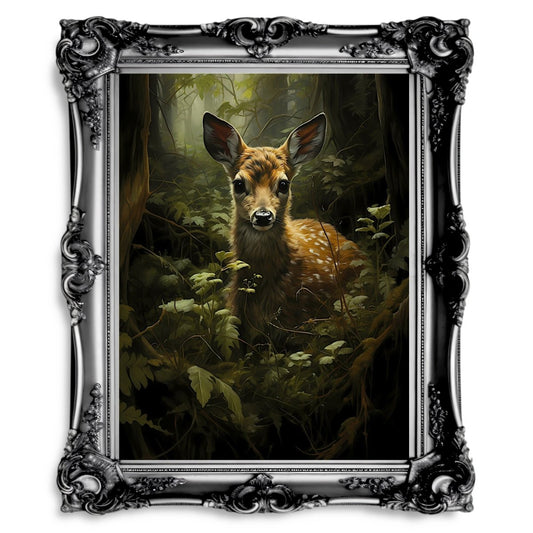 Young Deer in Moody Forest Dark Cottagecore Vintage Dark Academia Painting - Paper Poster Print - Everything Pixel